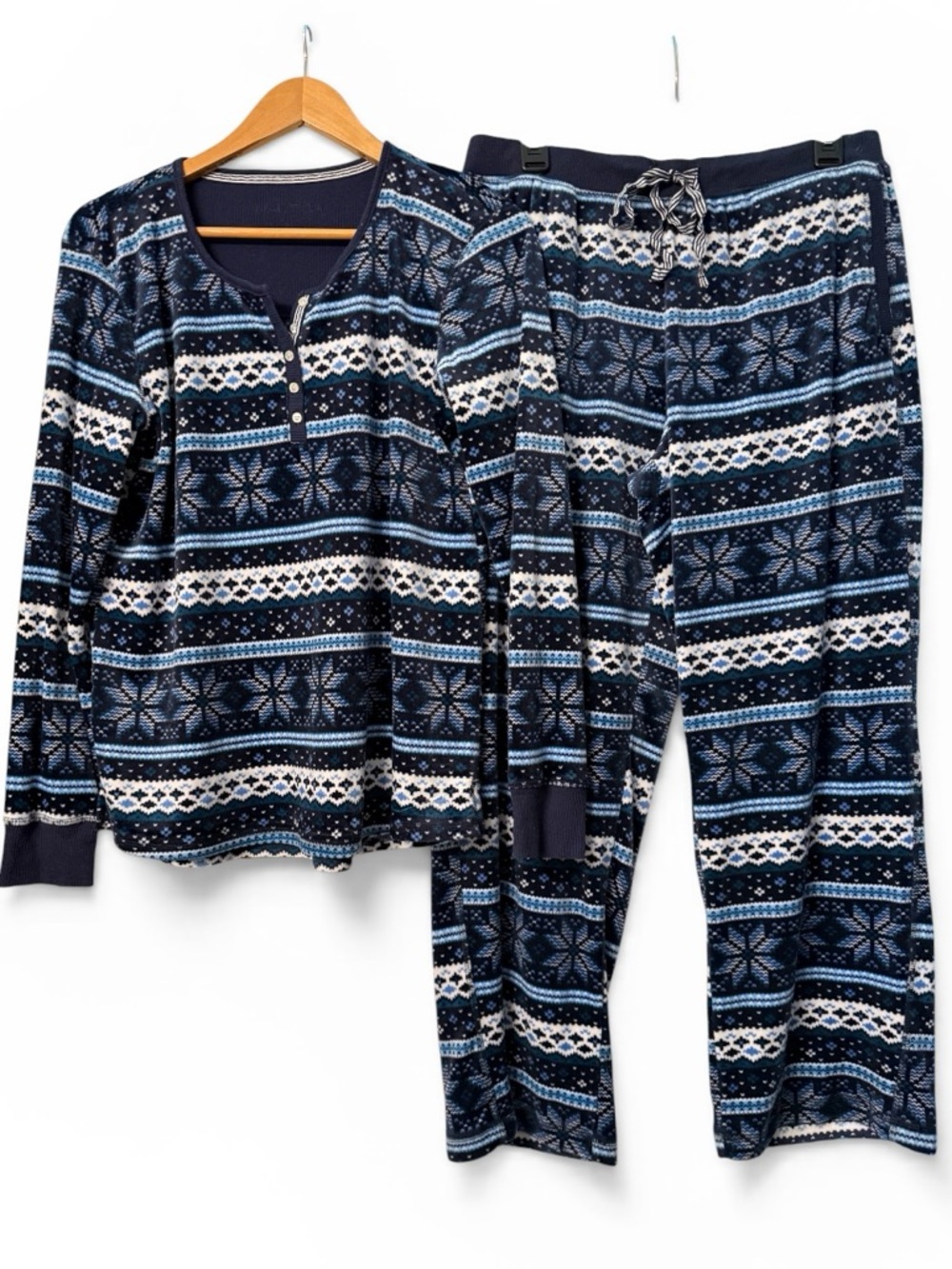 Nautica Cozy Minky Soft Pajama Set M Blue Fair Isle Lounge Sleepwear Pockets